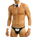 Sexy Mens Waiter Lingerie Suit Man Erotic Cosplay Costume Gay Tuxedo G-string Thong Underwear & Bow Tie Collar Bracelets