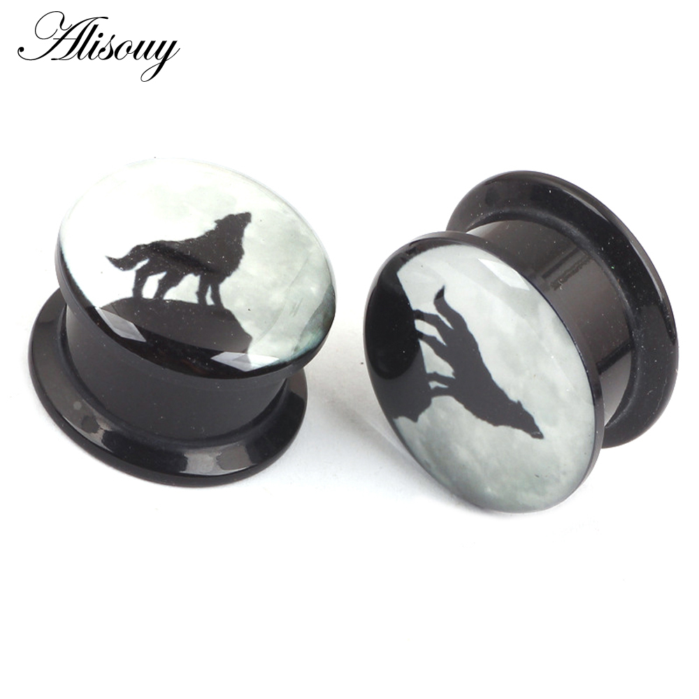 Alisouy 2pcs Night Wolf Animal Acrylic Ear Gauges Plugs Tunnels Stretcheing Expander Screw On Ear Plugs Piercing Body Jewelry