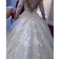 New African Crystal Wedding Dresses 2021 Full Sleeves Beaded Puffy Bridal Gowns 3D Flower Lace Wedding Gowns Robe De Mariee