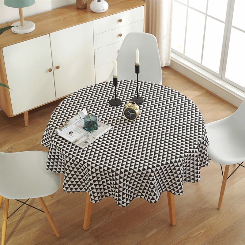 Nordic Simple Style Black and White Grid Christmas Pattern Washable Thick Polyester Cotton Round Table Cloth