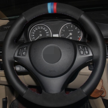 DIY Car Steering Wheel Cover Hand stitched Black Genuine Leather Black Suede For BMW E90 320i 325i 330i 335i E87 120i 130i 120d
