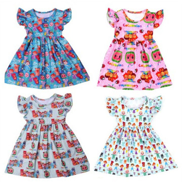 Newest Summer Toddler Girls Dresses Cocomelon Clothes Boutique Milk Silk Puff Sleeve Birthday Dress Design Kids Costume