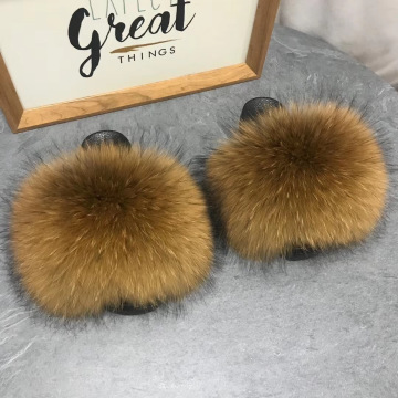 Fashion Summer Wedge Women Fur Slippers Fluffy Real Fox Fur Slides Soft Platform Shoes Home Slippers Woman Furry Fur Flip Flops