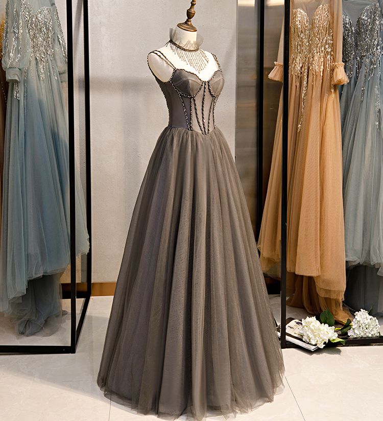 Evening Gowns with Necklace Debut Vintage Prom Dresses Summer Gray Elegant Beading Spagnetti Strap Sweetheart Long Transparant