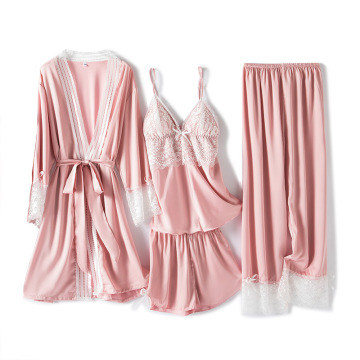 4PCS Nightwear Dressing Gown Woman Pajamas Suit Sexy Sleep Lounge Pyjama Satin Robe Nightgown Set Nightwear Lace Homewear