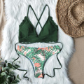 Sexy Top Solid Bottom Printed Bikini Set 2020 Lace Up Bikinis Women Swimsuit Brazilian Biquini Female Swimwear Bathing Suit