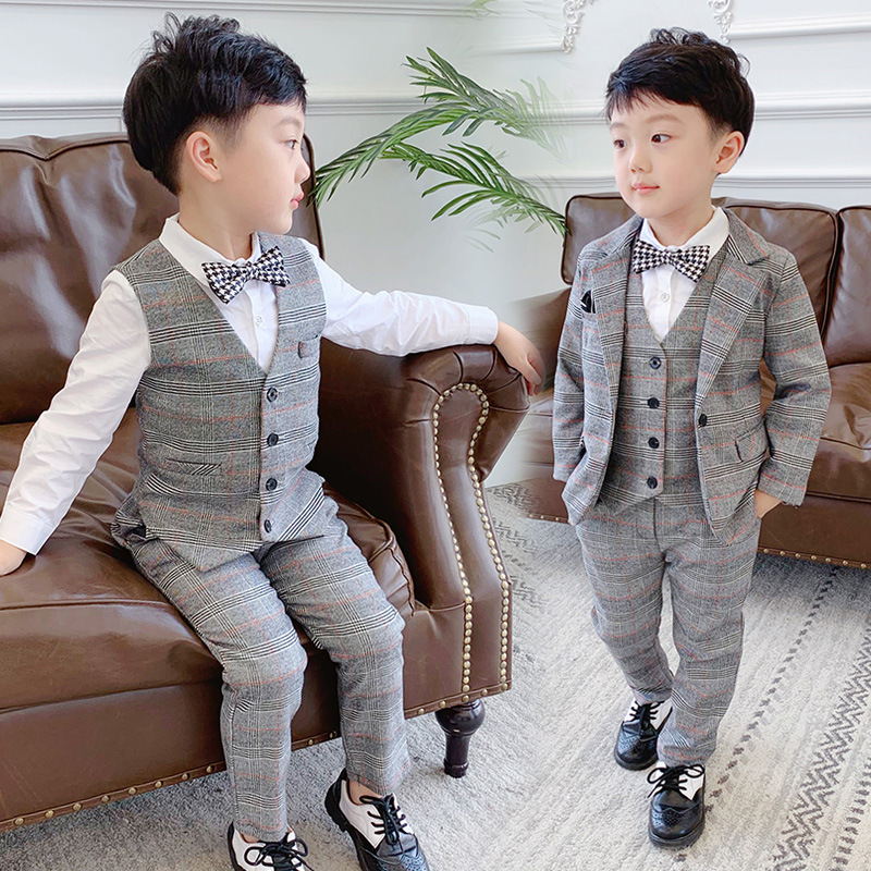 Boys Formal Suit Sets Children's Plaid Blazer Vest Pants 3pcs Clothing Sets Kids Wedding Party Performance Costume