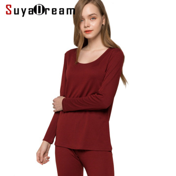 SuyaDream Women Long Johns 30%Natural silk 70%Wool Long sleeve Sleep Wear 2020 FALL WINTER NEW Pink Wine Underwear