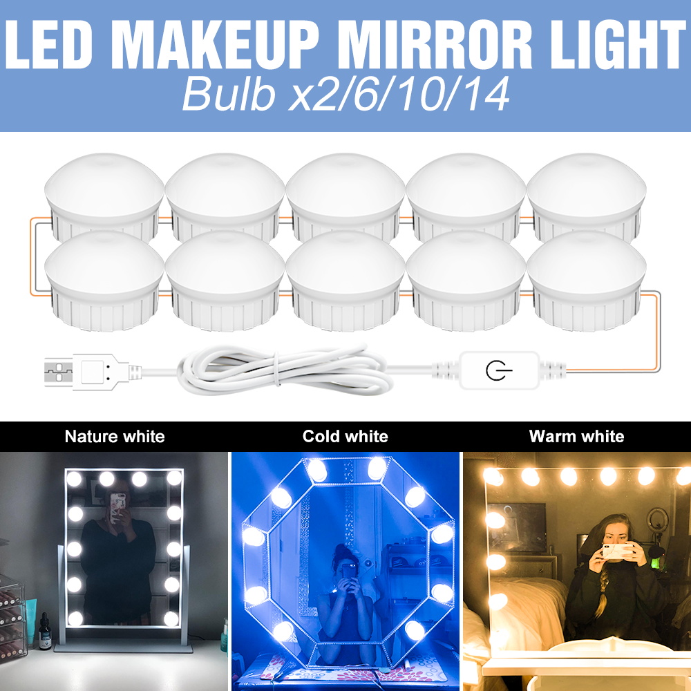 Led Mirror Vanity Light USB Led Dressing Table Led Lamp 3 Colors Dimmable Makeup Light 2 6 10 14Bulb Bathroom Lighting Wall Lamp