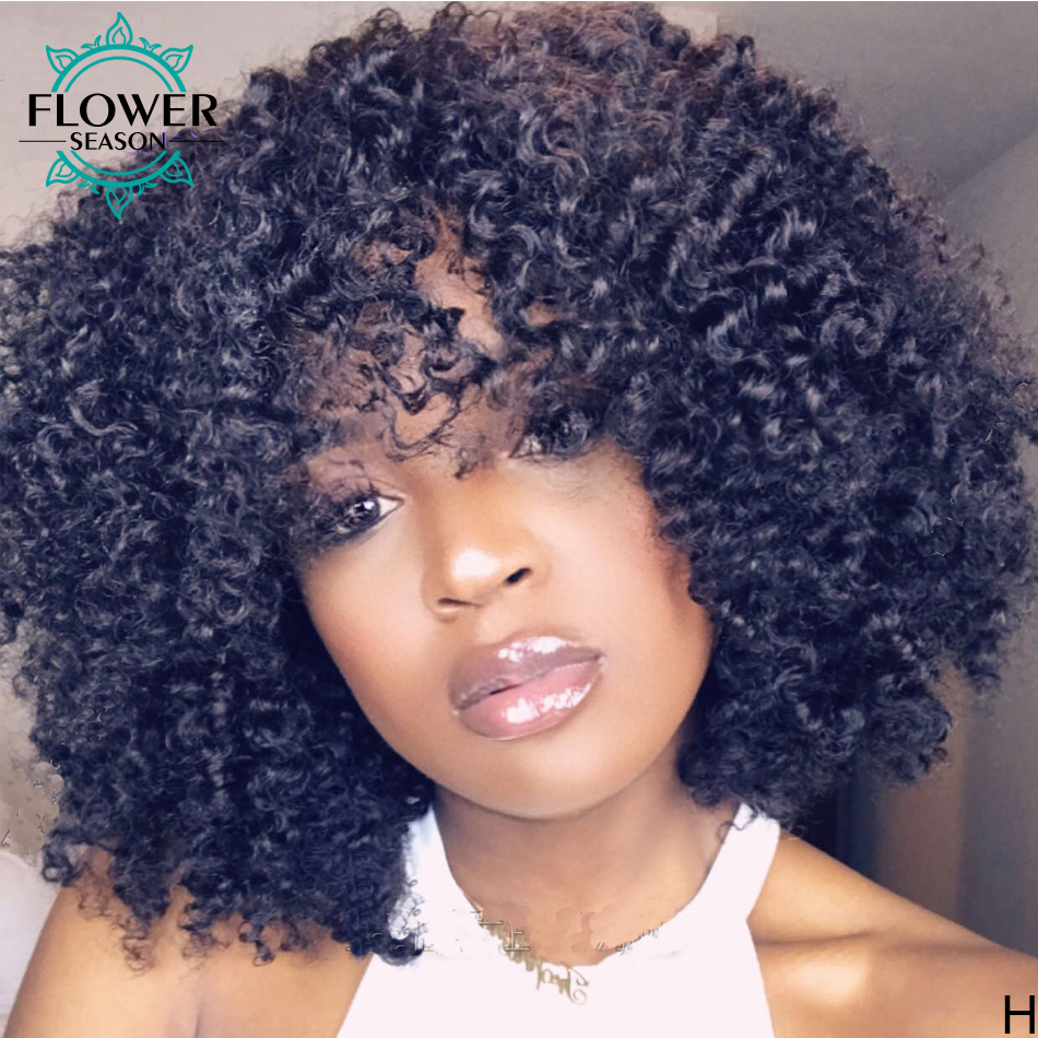 Afro Kinky Curly Wig Brazilian Human Hair Wigs with Bangs Full Machine Made Scalp Base Top Wig 180% For Black Wmen Flowerseason