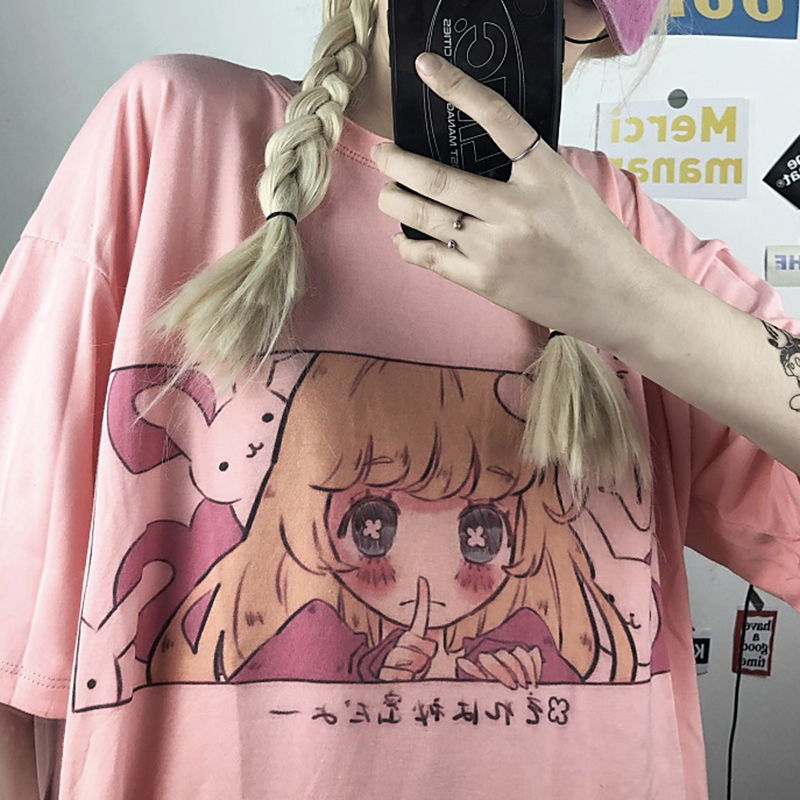Cute cartoon sweet girls Japanese streetwear Harajuku pink fun kawaii casual tops Ulzzang vintage loose New Summer women T-shirt