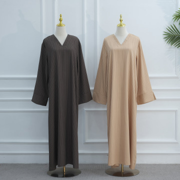 V-Neck Striped Abaya Dress for Muslim Women