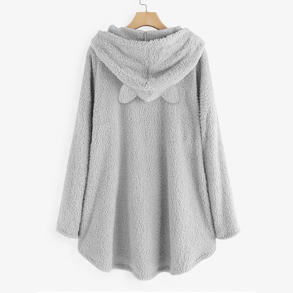 Feitong Winter Coat Women Hoodies Sweatshirt Fleece Embroidery Cat Ears Button Hem Plus Size Hoodie Top Pocket Female Blouse