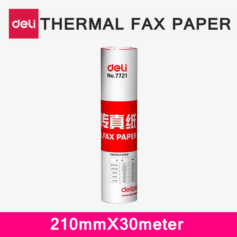 1 Roll Deli 7721 Thermal fax paper A4 210mm X 30meter Thermal fax machine paper 55g coated paper Packing 210mm x 50mm dia.