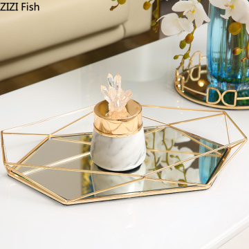 Golden Plate Candy Dessert Tray Geometric Plating Metal Glass Mirror Platter Jewelry Display Plates European Rustic Home Decor