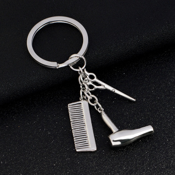 Hair Dryer Comb Scissors Personality Key Chain Gold Silvery Hairdressing Scissors Blowing Tool Pendant Keyring Barber Friend