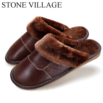 2020 Genuine Leather Slippers Home Slippers High Quality Women Men Slippers Plush Warm Indoor Shoes Men Women Size 35-44