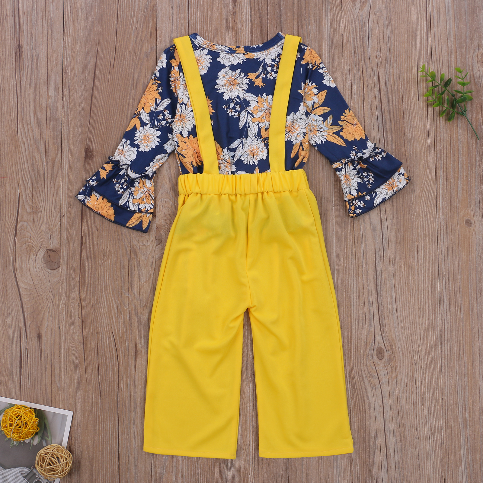 Infant Baby Girl Long-sleeved Trousers Suit Floral T-shirt and Suspender Pants, Ruffles T-shirt and Floral Trumpet Pants 6M-4T