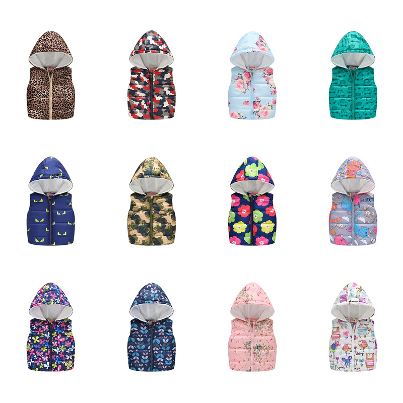 Kids Autumn Winter Sleeveless Hooded Vests Girls Boys Cartoon Printed Jackets Children Warm Tops Coat Cashmere Outwear