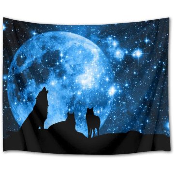 Wolf Wolves Mountain Wall Hanging Full Moon Starry Sky Tapestries For Kids Bedroom Living Room Dorm Party Blanket Decor
