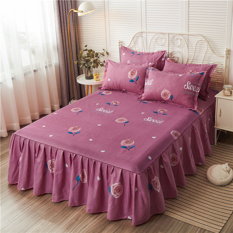 3pcs Set Soft Sanding Bedspread 1pc Printing Bed Skirt +2pcs Pillowcase Twin King Queen Size Bed Cover Wedding Bed Skirt
