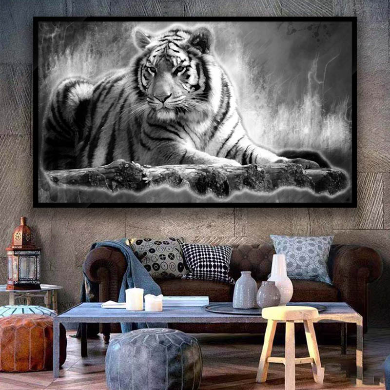 Black white lie tiger Print Canvas Painting Poster Living Room Bedroom Wall Art Mural Home Decoration