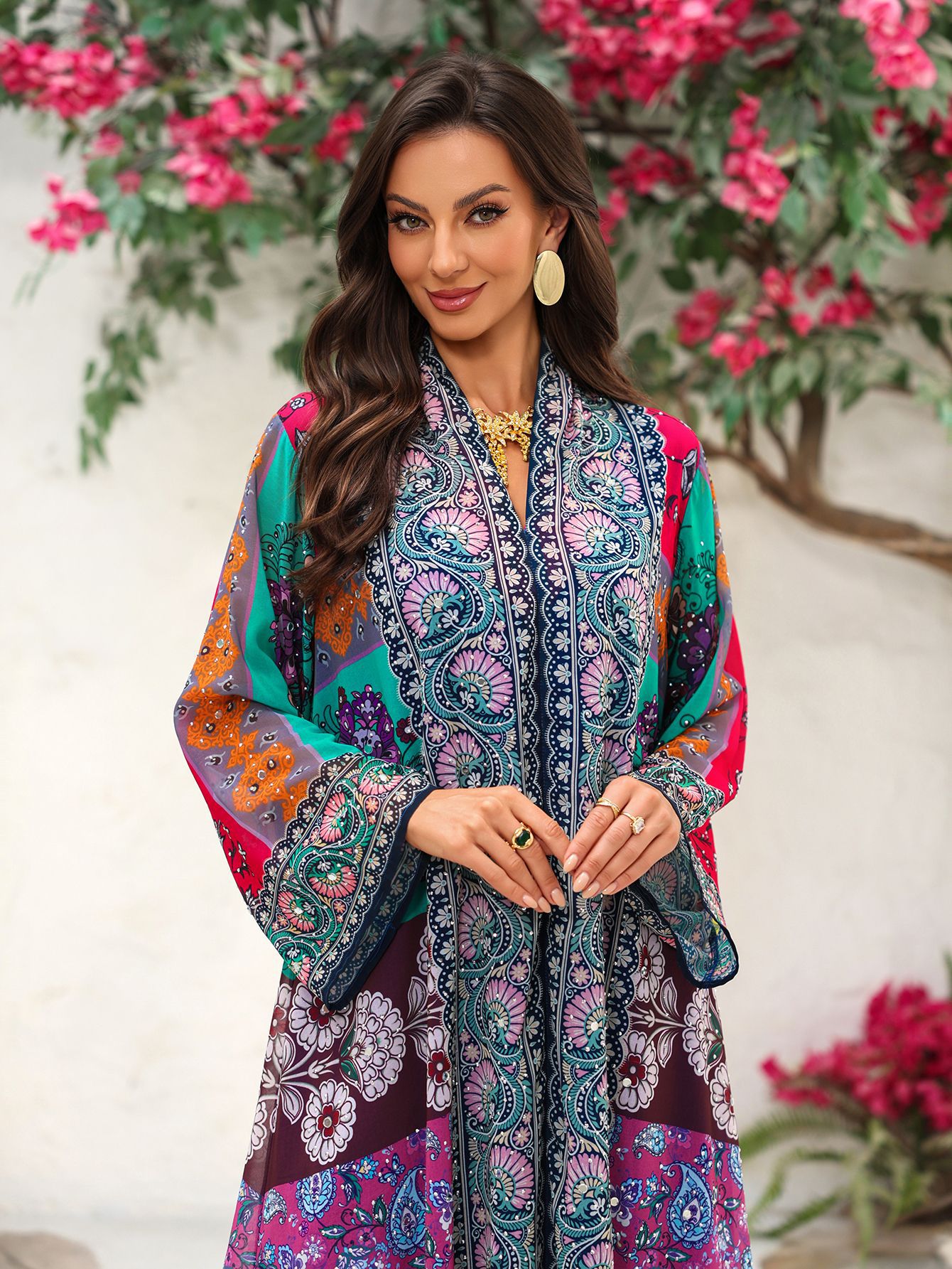 Floral Printed Rhinestone Maxi Dress Detail