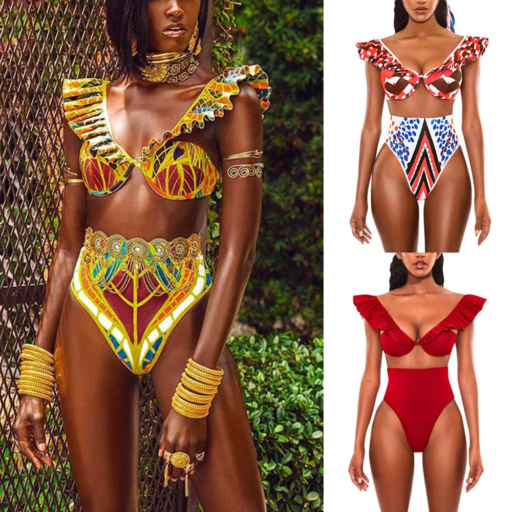 Sexy Women Bikini Ethnic Floral Swimsuit African Bathing Suit High Waist Printed Cover Up Ruffle Bikini Set Swimwear Beach Wear