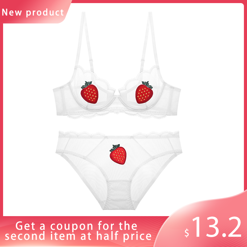 Female net yarn lace embroidery thin section Ms. Sexy underwear bra ultra-thin transparent strawberry fruit underwear suits