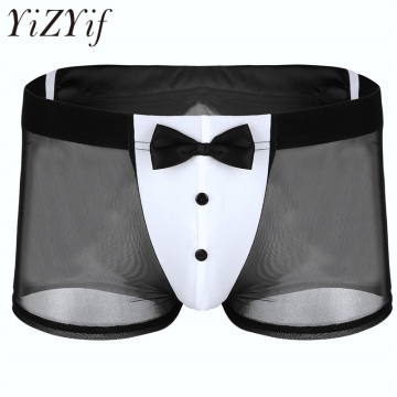 YiZYiF Sexy Mens Underwear Waiter Tuxedo Lingerie Mesh See -Through Boxer shorts Underpants with Rabbit Ears on Back