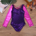 Kids Girls Long Sleeves Glittery Scales Printed Splice Ballet Dance Gymnastics Leotard One-Piece Swimsuit Girl Dance Wear