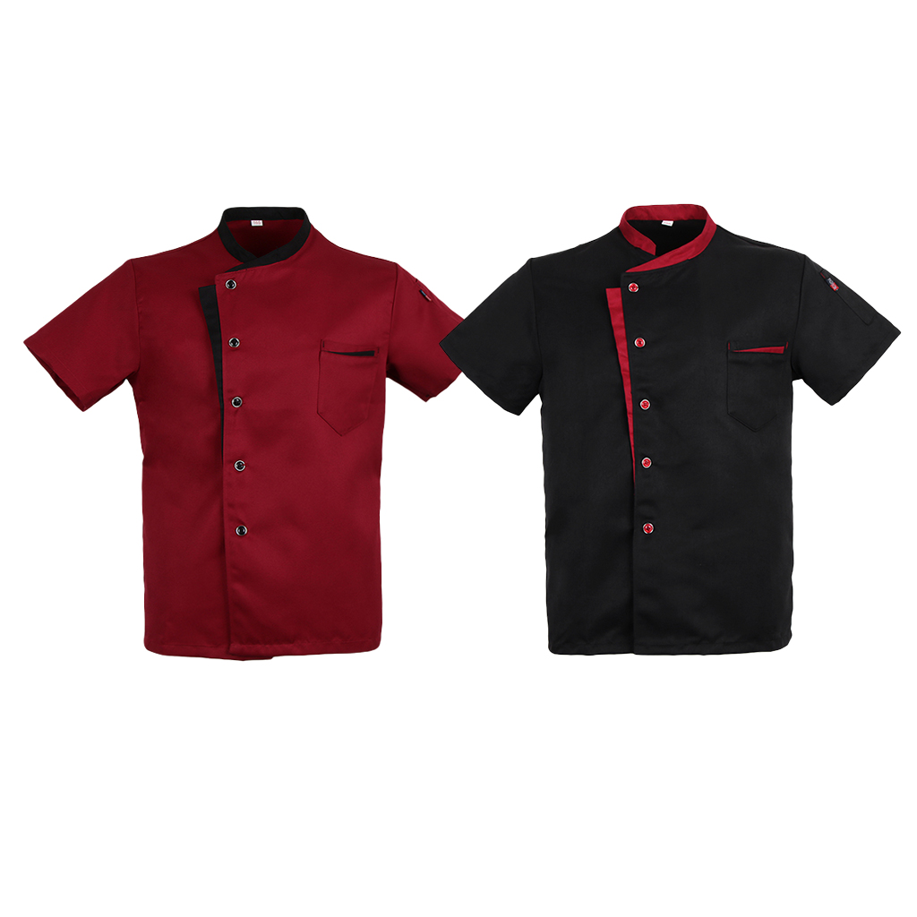 Unisex Chef Jacket Short Sleeves Tunic Hotel Waiters Kitchen Uniform Red/Black