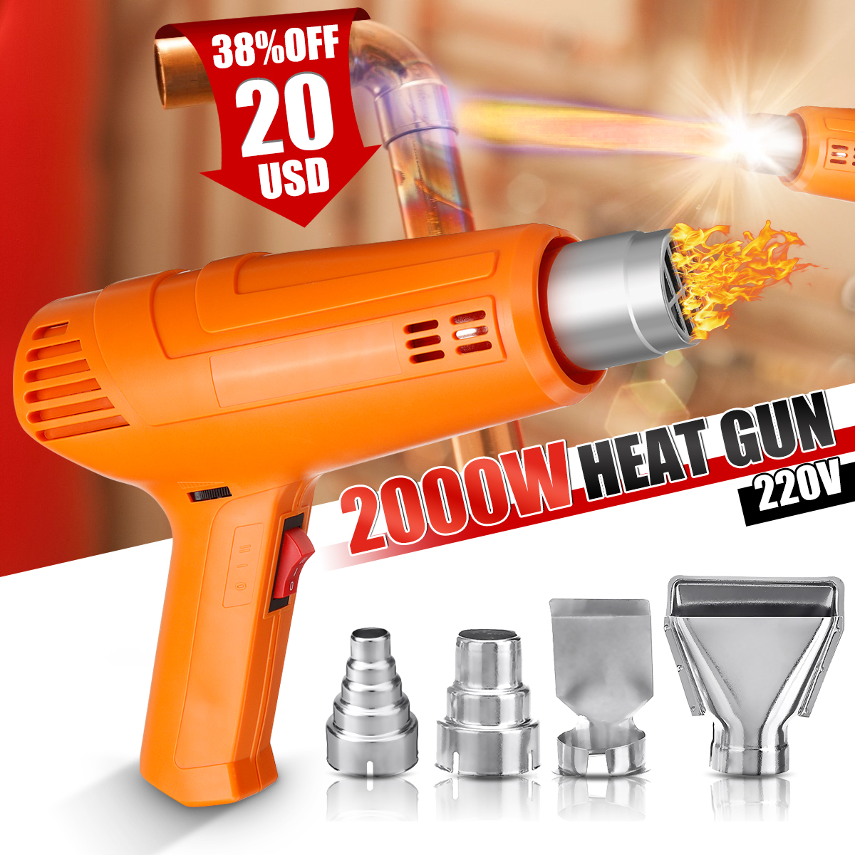 220V 2000W Heat Gun, Hot Air Gun Variable Temperature Electric Paint Gun With 4-Nozzles Hot Air Gun With Adapter