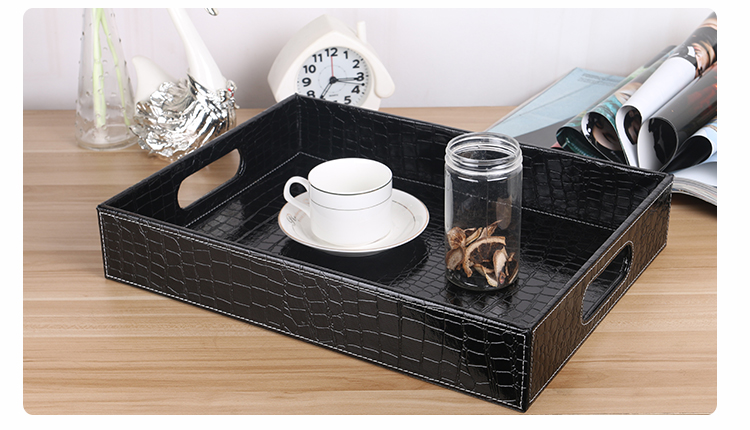 wooden structure croco black PU leather serving trays wooden tray hotel fruit snack desk food tray dessert tray PTP06