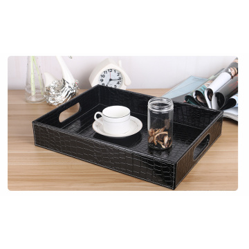 wooden structure croco black PU leather serving trays wooden tray hotel fruit snack desk food tray dessert tray PTP06