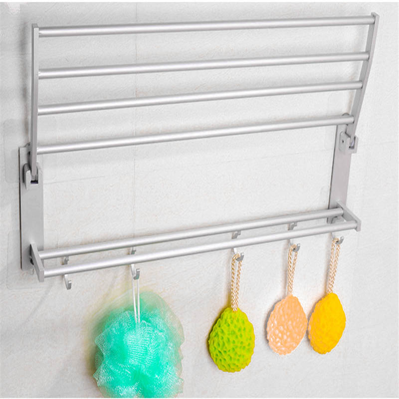 40/50/60cm Space Aluminum Double Towel Rack With 5 Hooks Foldable Towel Kitchen Bathroom Shelves WWO66