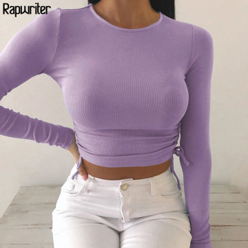 Casual Solid O-Neck Long Sleeve Crop Top Women Side Drawstring Ruched White T-Shirt Female Tee Shirt Top for Women Clothing 2020