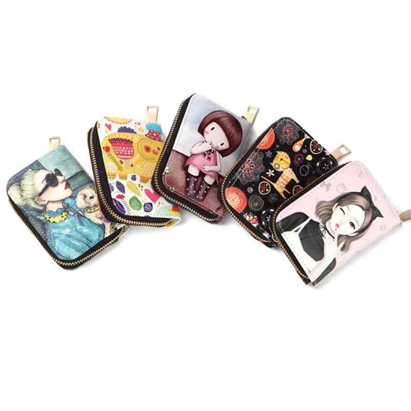 New Fashion Printed Women Card Bag PU Leather Wallet Cartoon Girl Mini Zipper Clutch Bag Business Card Case Credit Card Holder