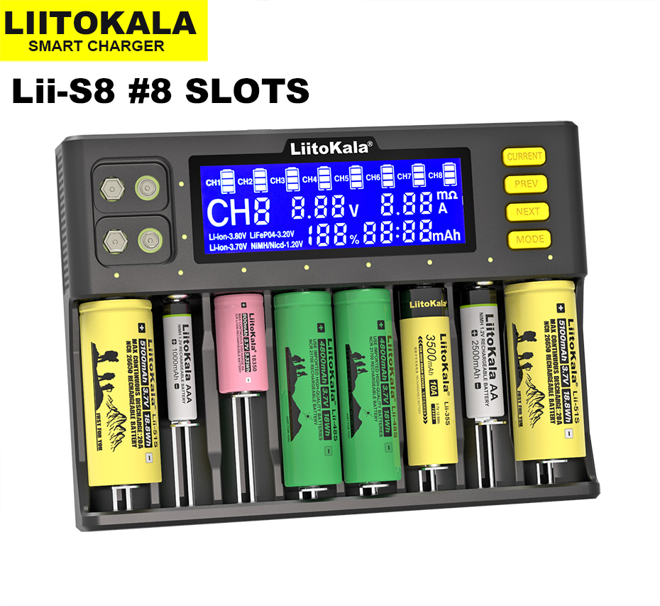 2020 LiitoKala Lii-S8 Battery Charger Li-ion 3.7V NiMH 1.2V Li-FePO4 3.2V IMR 3.8V Charger for 18650 26650 21700 26700 AA AAA