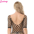 Candiway Hot Sexy Black Big Hole Mesh Strapless Fishnet Lingerie With Stocking Thong Three-piece Set