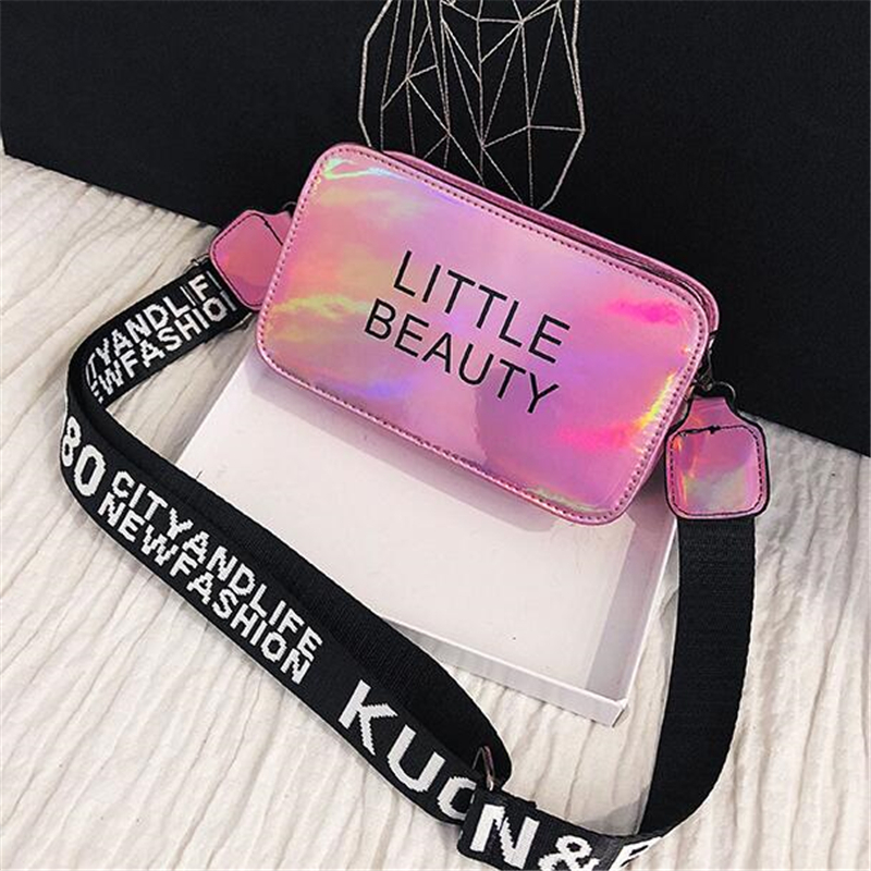 Fashion Laser Color Women Shoulder Bags Popular Girls Letter Handbag Messenger Bags Lady Crossbody Bag with Wide Strap