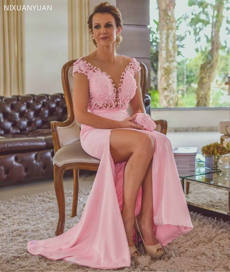 Pink Mermaid Side Split Lace Applique Beaded Backless Bow Long Wedding Guest Prom Evening Gown 2021 Mother of The Bride Dresses