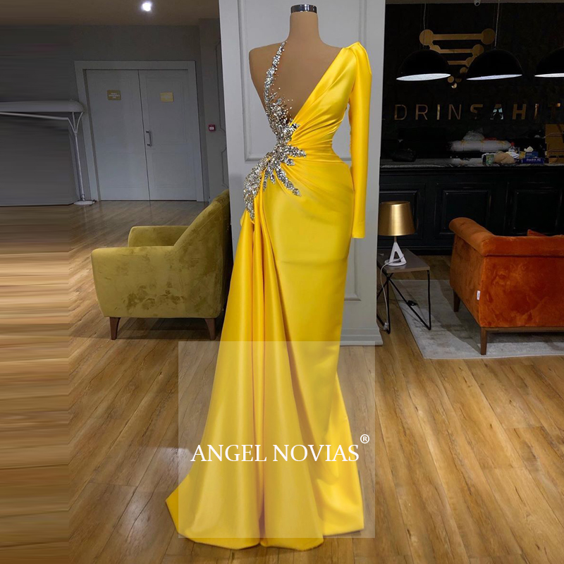 ANGEL NOVIAS Long Sleeves Yellow Arabic Evening Dress 2020 Formal Gowns 2021 vestido sirena largo
