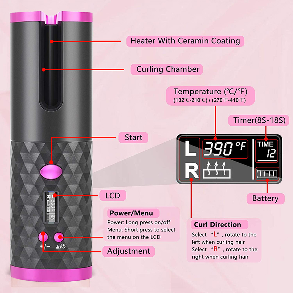 Cordless Automatic Hair Curler USB Rechargeable LCD Display Ceramic Curly Auto Rotating Curling Iron Waves Hair Air Curler