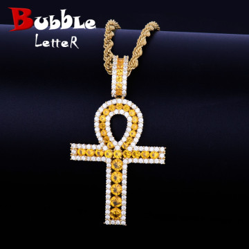 Ankh Cross Pendant Gold Color Copper Material Iced Zircon Egyptian Key of Life Pendant Necklace Men Women Hip Hop Jewelry