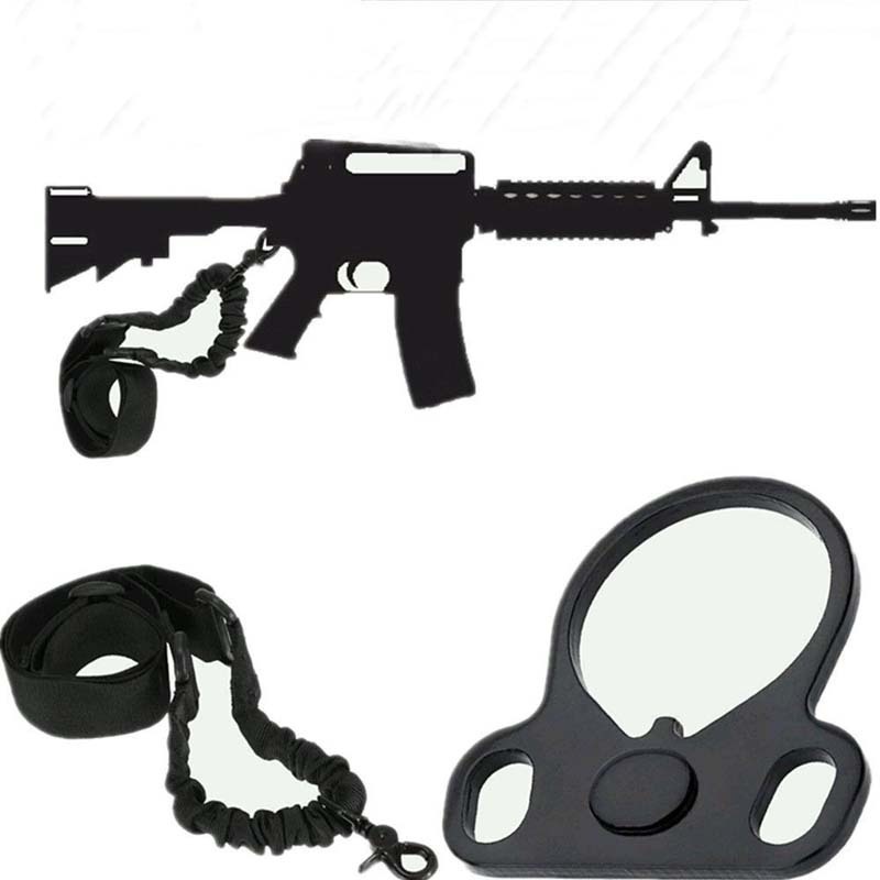 AR15 Tactical Sling Rifle Single Point Sling Strap + Dual Plate Mount Bungee End Plate Mount Adapter Adjustable Hunting Strap