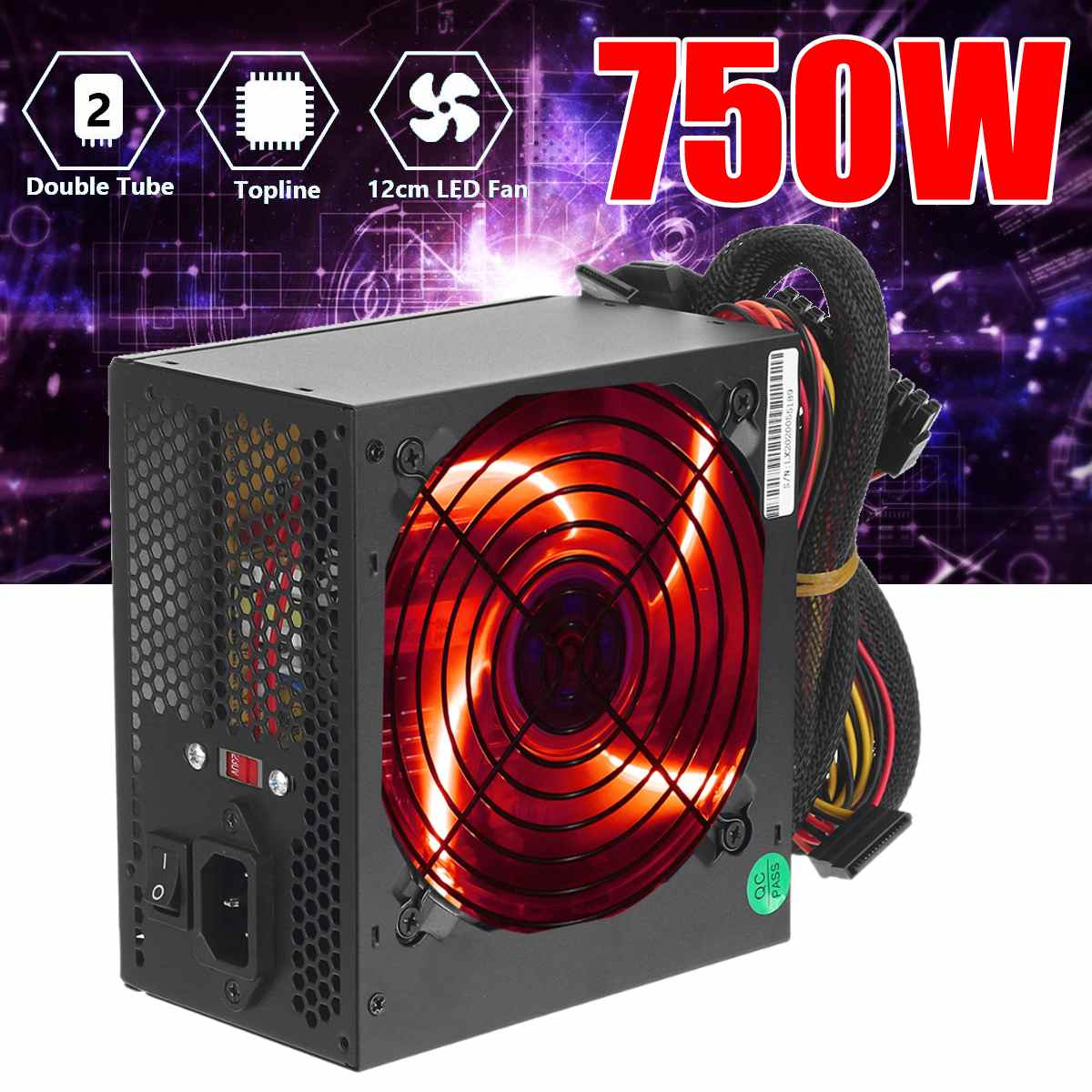 750W 12cm Red LED Fan PC Power Supply ATX 12V Desktop Computer Gaming Power Supply 1x24P+1x4P+1x6P+ 2x(1*4Pin+1*SATA)