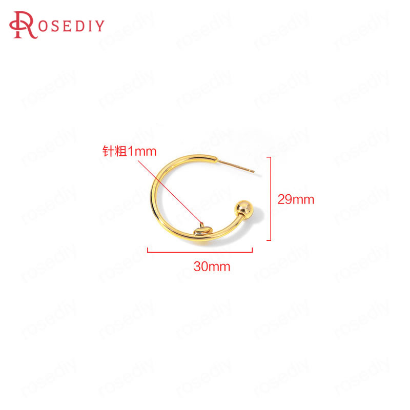 (35931)6PCS 30x29MM 24K Gold Color Brass with Half Pin Round Earrings Loop Stud Earrings High Quality Diy Jewelry Accessories