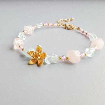 Lii Ji Real Aquamarine Rose Quartz Pink Zircon Natural Stone Bracelet Flower Charm Delicate Jewelry For Child or Women