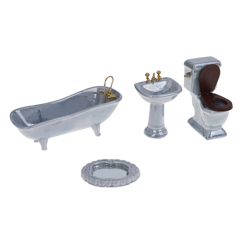 4pcs/Set Toilet Basin Bathtub Furniture Toys 1:12 Doll House Miniature Blue Porcelain Bathroom Set